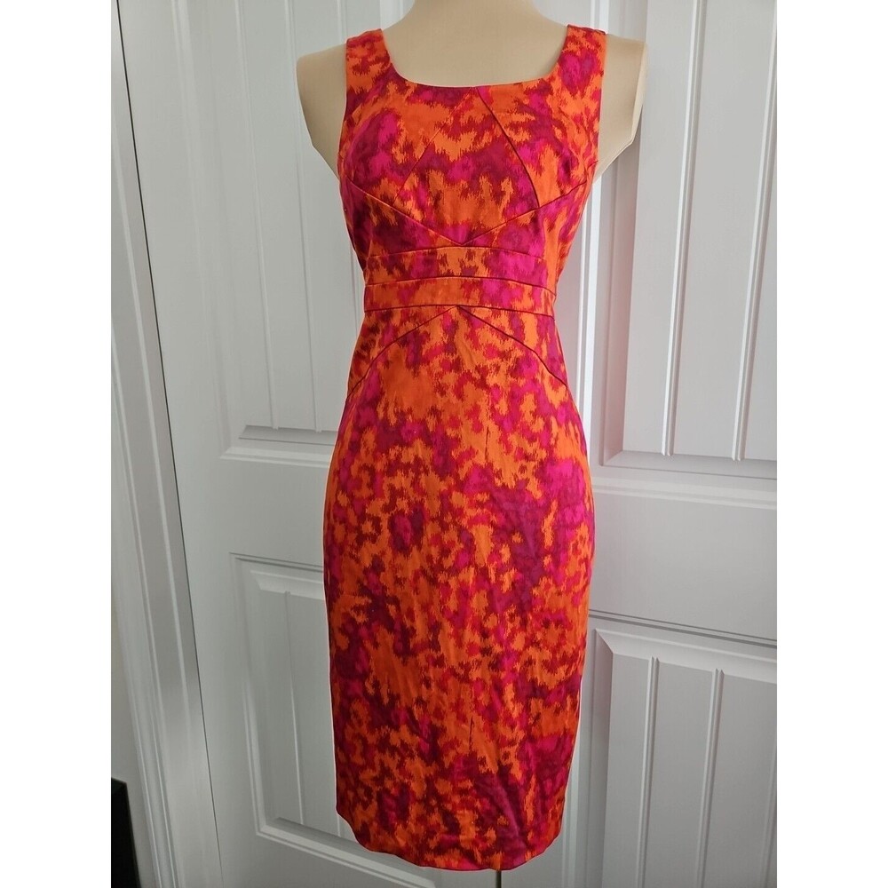 Michael Kors SZ 4 Orange/Red Color Burst Sleeveless Lined Sheath Dress Cotton